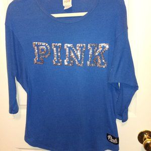 Victoria's Secret PINk Bling Sequins Crew Jersey Tee Blue Size XSmall 3/4 sleeve